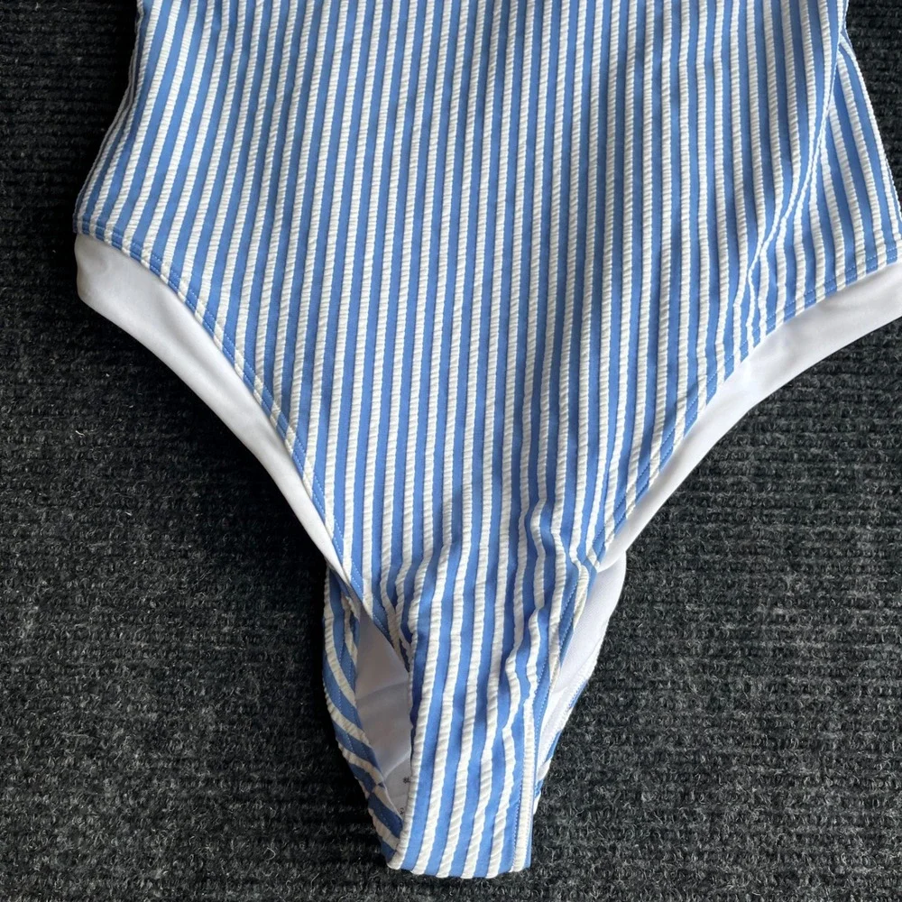 Abercrombie & Fitch 1 Piece Swimsuit Womens L Blue White Seersucker Striped NWOT